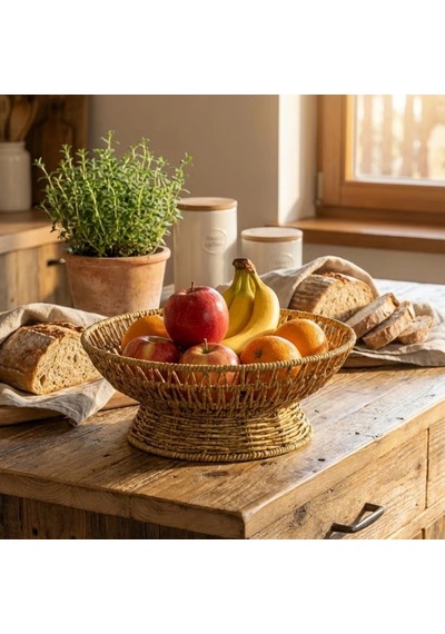 25 Cm Plastik Rattan Servis Çanağı Doğal Hasır Görünümlü Dekoratif Meyve, Ekmek Ve Sunum Kasesi 5047