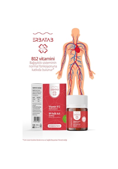 Erbatab Vitamin B12 Folik Asit B9 Takviye Edici Gıda 30 Çiğneme Tablet