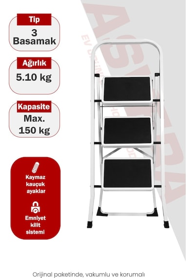 Asvera Space 3 Basamaklı Ev Tipi Metal Merdiven - Katlanır Geniş Kaymaz Mutfak Ve Ev Merdiveni Slim