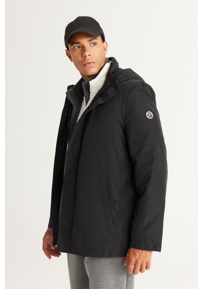 AC&Co / Altınyıldız Classics Erkek Sıyah Standart Fit Normal Kesim Kapüşonlu Dik Yaka Trençkot Siyah
