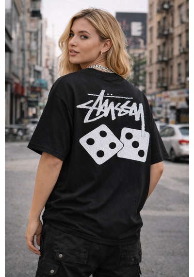 Unisex Stussy Zar Sırt Baskılı Oversize Kalın Kumaş Bol Kalıp Unisex T-shirt Siyah