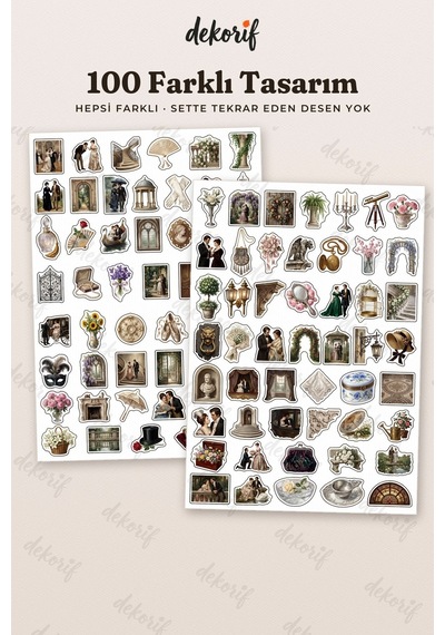 Romantik Çift Sticker Seti 100 Adet - Balo Aşk Ve Zarafet Klasik Ajanda Journal Defter Çıkartma Çok Renkli
