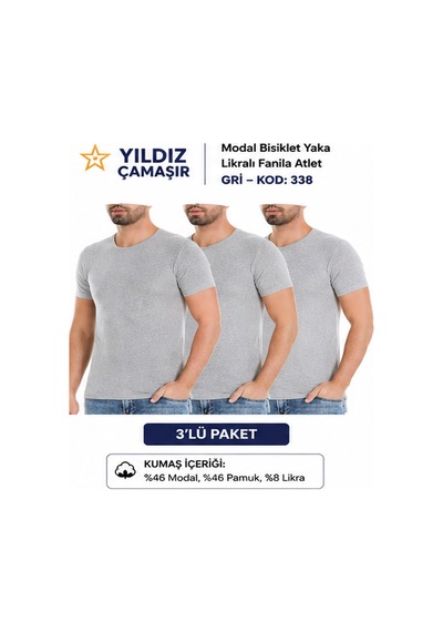 Yıldız Çamaşır Erkek Modal Bisiklet Yaka Likralı Fanila Atlet 335-336-337-338 - 3 Adet Gri