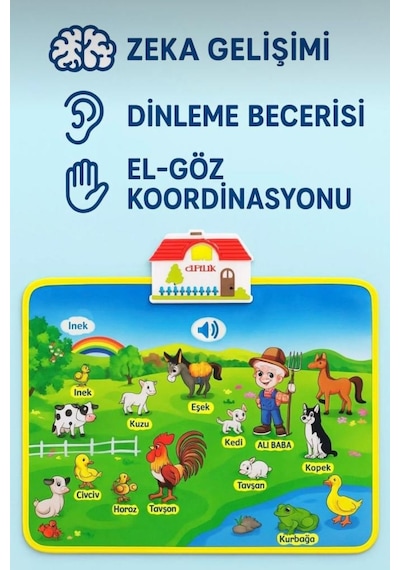 Eğitici Çiftlik Halısı - Sesli ve Işıklı Dokunmatik Bebek Aktivite Oyun Matı 48x60 CM