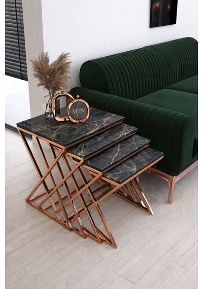 Masal 4'lü Zigon Bakır Kaplama Siyah Mermer Mdf Mebran
