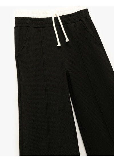Koton Beli Bağcıklı Bürümcük Kumaş Basic Geniş Paça Pantolon Siyah 5skg40215ak Siyah
