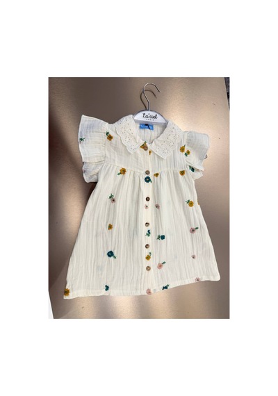 Poala Kids Müslin Çiçek Nakışlı Elbise Beyaz