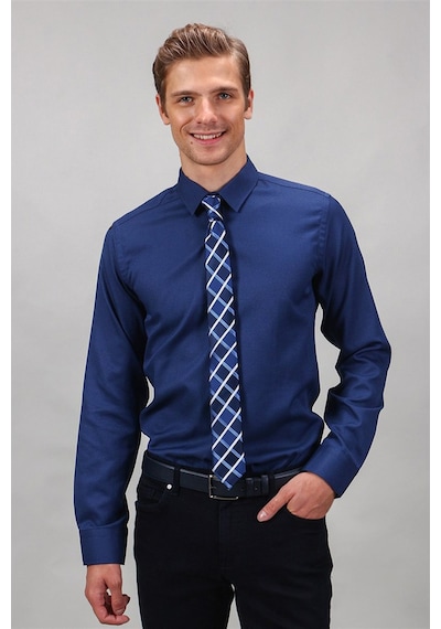 Tudors 12773 Modern Slim Fit Dar Kesim Armürlü Erkek Gömlek Lacivert