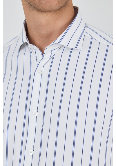 İmza Uzun Kol Çizgili Desen Bez Ayağı İtalyan Yaka Cepsiz Esnek Classic Slim Fit Gömlek 1004250203 Beyaz