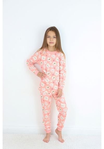 Kız Çocuk Orta Kalınlıkta Basic Baskılı Pijama Takımı Somon