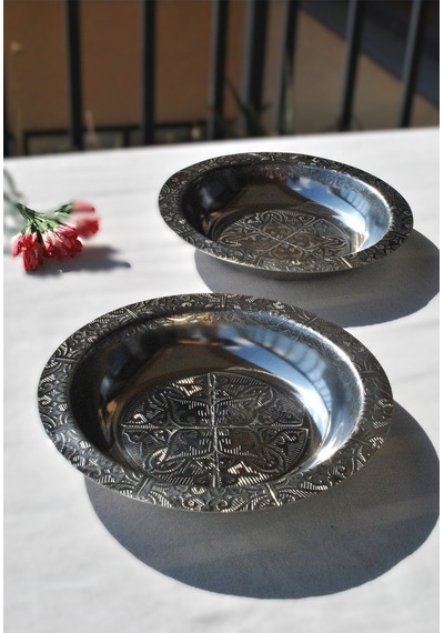 6 Adet Paslanmaz Çelik Etnik Desenli Çukur Yemek Tabağı 20 Cm Meze Tabak Gümüş