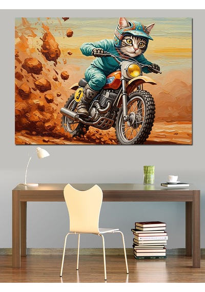 Ahşap Tablo Motosiklet Süren Kasklı Komik Kedi