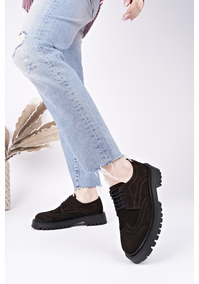 Muggo Amour Bağcıklı Hakiki Deri Kalın Taban Günlük Casual Makosen Kadın Loafer Ayakkabı Kahve Süet