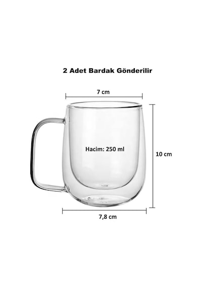 2 Adet Çift Cidarlı Cam Kupa Bardak 250 Ml Çift Camlı Bardak Kupa Double Walled Glass Acı Kahve