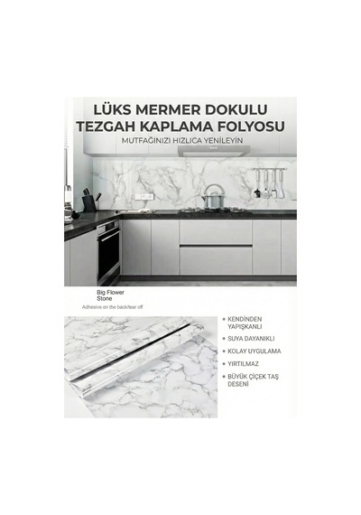Duvar Kağıtları Beyaz Mermer Desenli Yapışkanlı Tezgah Folyosu 3 Mt.x 60 Cm