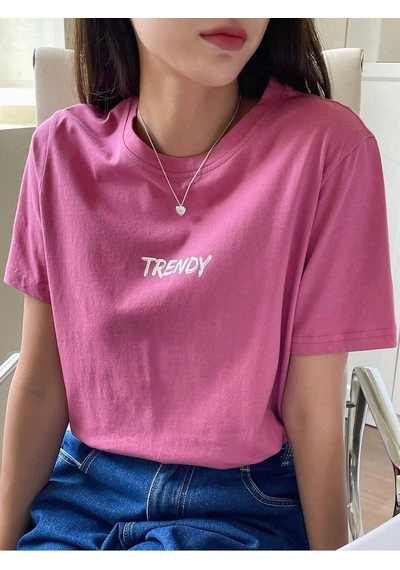 Trendy T-shirt - Pembe Oversize Baskılı Bisiklet Yaka Pembe