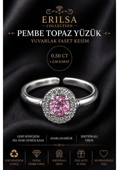 Sertifikalı Pembe Topaz Taşlı Ayarlamalı Geri Dönüşüm Gümüş Kasa Çok Renkli