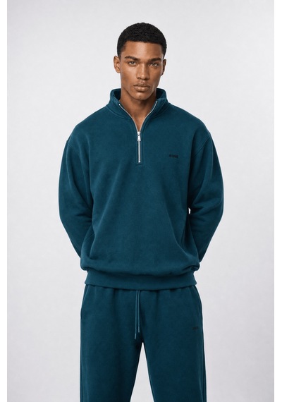 Erkek Respire Basic Half Zip Oversize Sweatshirt Zümrüt Zümrüt Yeşili