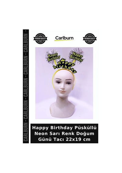 Happy Birthday Püsküllü Neon Sarı Renk Doğum Günü Tacı 22x19 Cm Eğlence Detayı Etkinlik Süsü +3