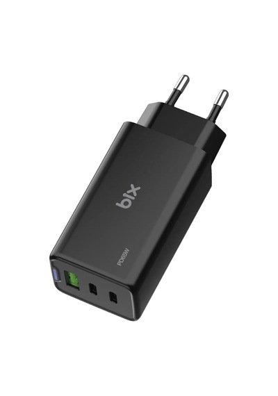 Bix Bx3p66g 65w Gan 2 Type-c Pd 3.0 Ve Usb-a Qc Üç Portlu Hızlı Şarj Adaptörü Laptop Telefon Uyumlu Siyah
