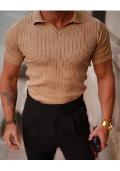 Erkek Fitilli Polo Yaka Triko T-shirt Kahverengi