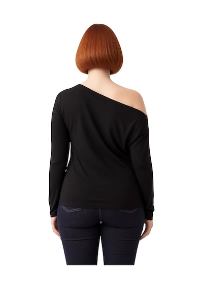 Ersefa Kadın Ekru Viskon Ribana Basic Bluz Asimetrik Yaka Cool & Comfort siyah