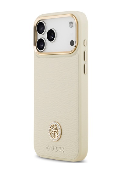 Apple Uyumlu iPhone 17 Pro Max Kılıf Guess Lisanslı M-safeli Grained Yazı Ve Taşlı 4g Logolu Kapak Bej Bej