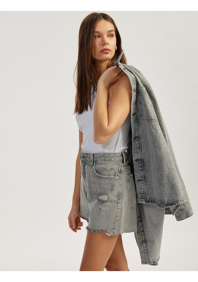 Koton Yıpranmış Püsküllü Düğmeli Denim Şort Gri 5sal40001md Gri