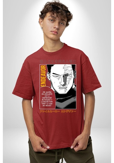 Enji Todoroki Manga Pamuklu Bisiklet Yaka Unisex Oversize Boyfriend Dijital Baskılı Kırmızı T-shirt Kırmızı