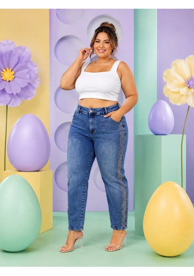 Battal Mom Kesim Yan Şerit Detaylı Denim Kadın Pantolon Lacivert