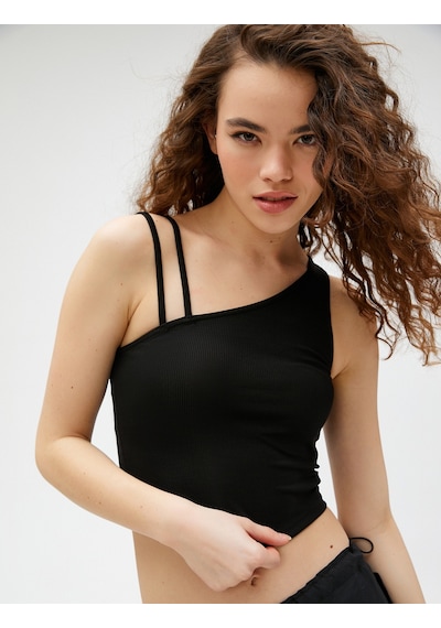 Koton Crop Fitilli Atlet Asimetrik Yaka Siyah 3sal30065ık 3SAL30065IK999 Siyah