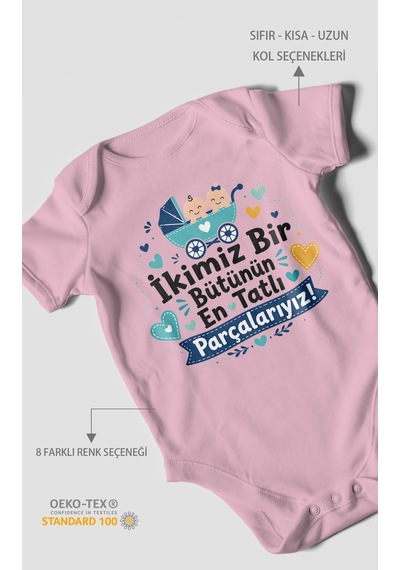 Morivokids İkimiz Bir Bütünün Yazılı Kısa Kollu Bebek Body %100 Pamuk Koyu Pembe