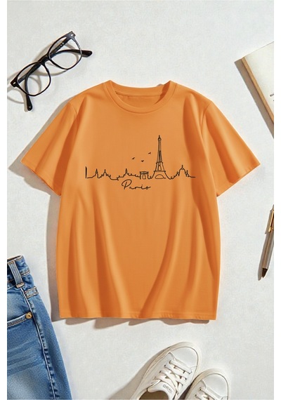 Uyguntarz Unisex Eyfel Kulesi Baskılı Tasarım Tshirt Turuncu