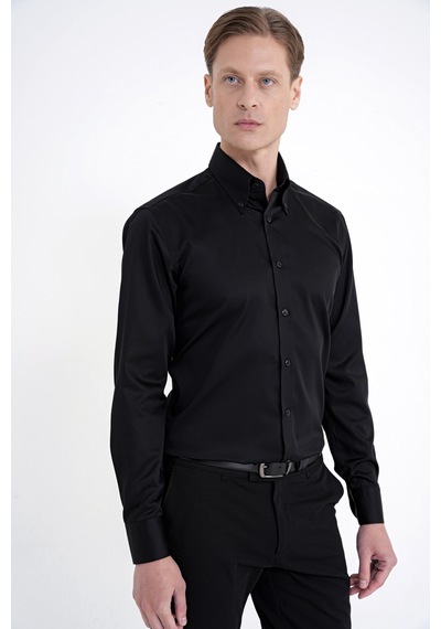 Slim Fit Düğmeli Yüksek Yaka %100 Pamuk Saten Düz Siyah Gömlek Gk 760