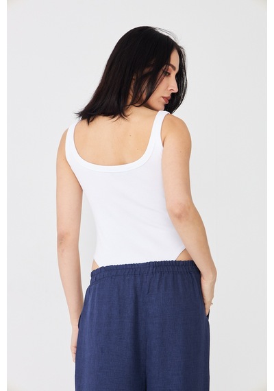 Distimi Askılı Fitilli Bodysuit Pamuk Beyaz