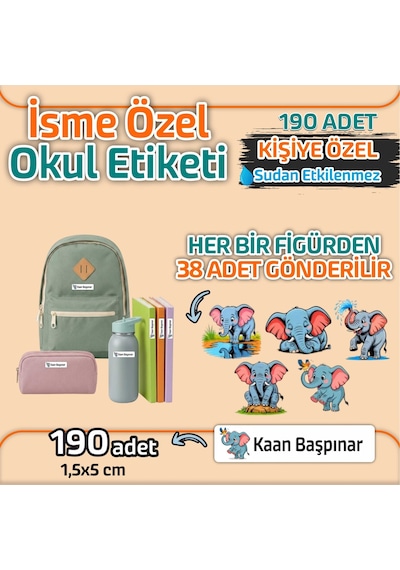 Kapbirhediye Okul Etiketi Isme Özel Kalem Defter Etiketi Fil Temalı 190 Adet Çok Renkli