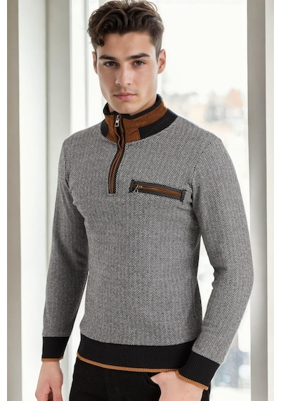 9039 Dewberry Erkek Sweatshırt-desenli Siyah Desenli Siyah