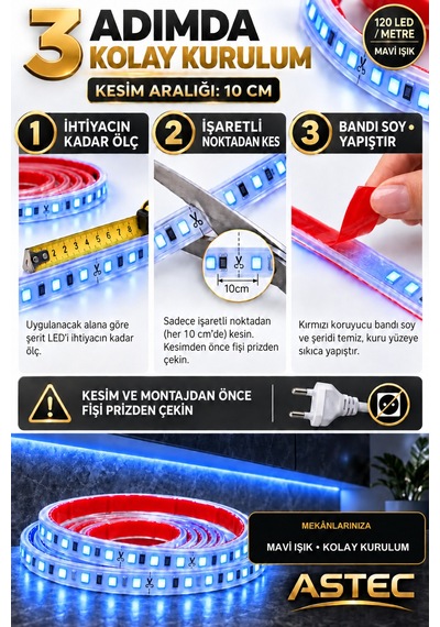Astec Yapışkanlı 100 Metre Mavi 220v Silikonlu Şerit Led Yüksek Güç Tak Çalıştır İç Dış Mekân Su Geçirmez