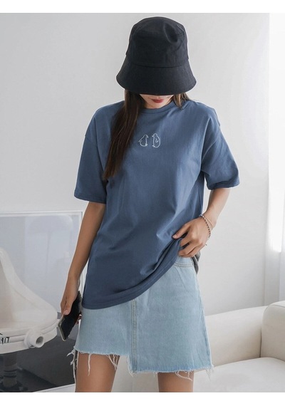 Flood Of Style Kadın Indigo Mavi Penguen Baskılı Oversize T-shirt Lacivert