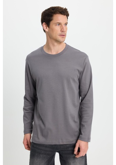 Tudors Unisex Relax Fit Rahat Kesim %100 Pamuk Uzun Kollu Bisiklet Yaka Koyu Gri Basic Tişört-41799 Koyu Gri