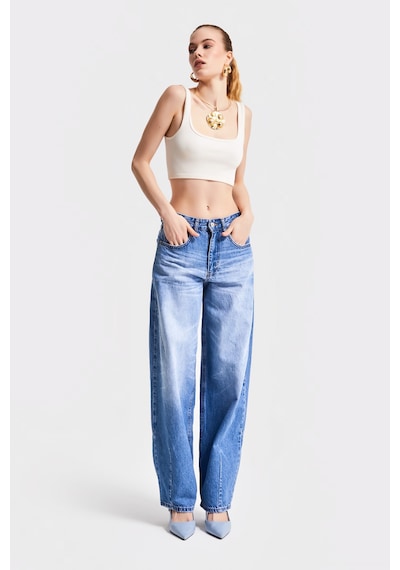 Itsbasic Kadın Mavi Kot Rengi 10s5-4 Kemer Tokalı Barrel Fit %100 Koton Denim Jean