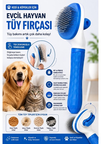 Jasper Otomatik Evcil Hayvan Tüy Toplama Tarağı Pratik Tuşlu Pet Fırçası Kedi Köpek Tüy Tarama Fırça