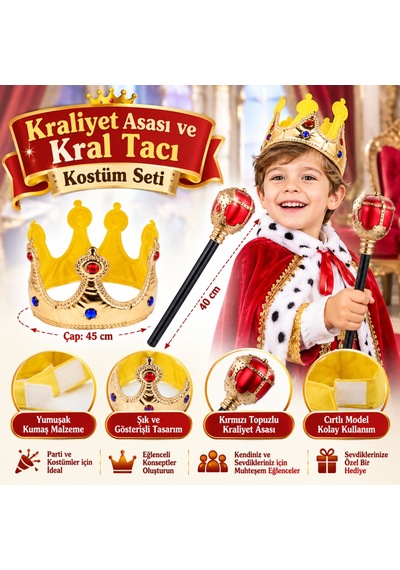 Storeşahin Çocuk Boy Altın Renk Kumaş Kral Tacı Ve Kırmızı Topuzlu Kraliyet Asası Shn0720