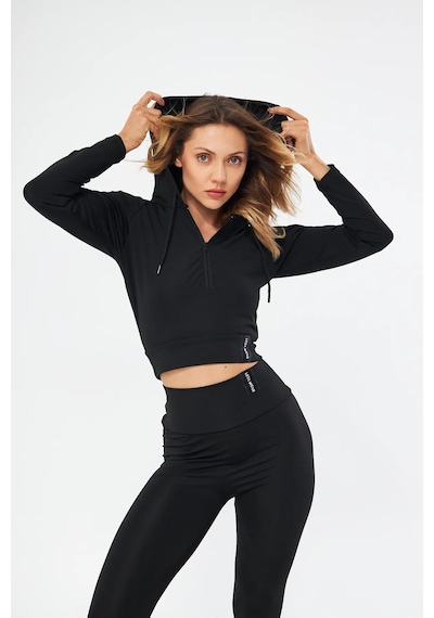 Lesa Wear Kapüşonlu Içi Polarlı Yumuşacık Şardonlu Kaşkorse Crop Likralı Sweatshirt Siyah