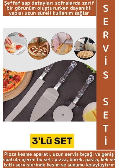 Premium Mutfak Pizza Börek Tatlı Düğün Pastası Kesme Sunum Şık Şeffaf Sap Detayı 3 Parça Servis Seti Çok Renkli