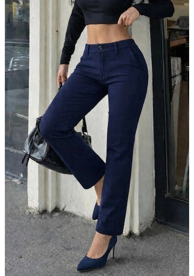 Defymoda Kadın Düşük Bel Cepli Dar Paça Atlas Pantolon Lacivert