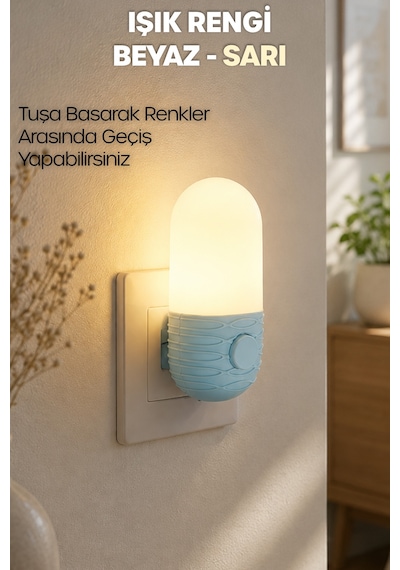 Gece Lambası Elips Tip 2 Mod Sarı-beyaz Işık Tuşlu Koridor Hol Işığı Uyuma Işığı Mavi K7064