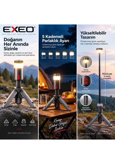 Exeo Şarjlı Kamp Feneri Teleskopik Lamba Rgb Led Işık Kumandalı 10000 Mah Powerbank Özellikli Gümüş