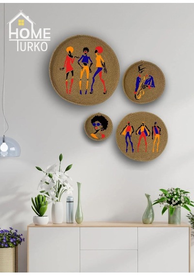 4'lü Takım Duvar Süsü, Duvar Tabağı, Jüt Dekor, Afrika, Bohem, Desen7 Diğer