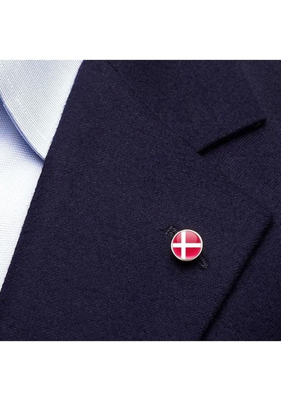 Danimarka Denmark Bayrak Rozeti - Paslanmaz Çelik Yuvarlak Yaka Rozeti Çok Renkli